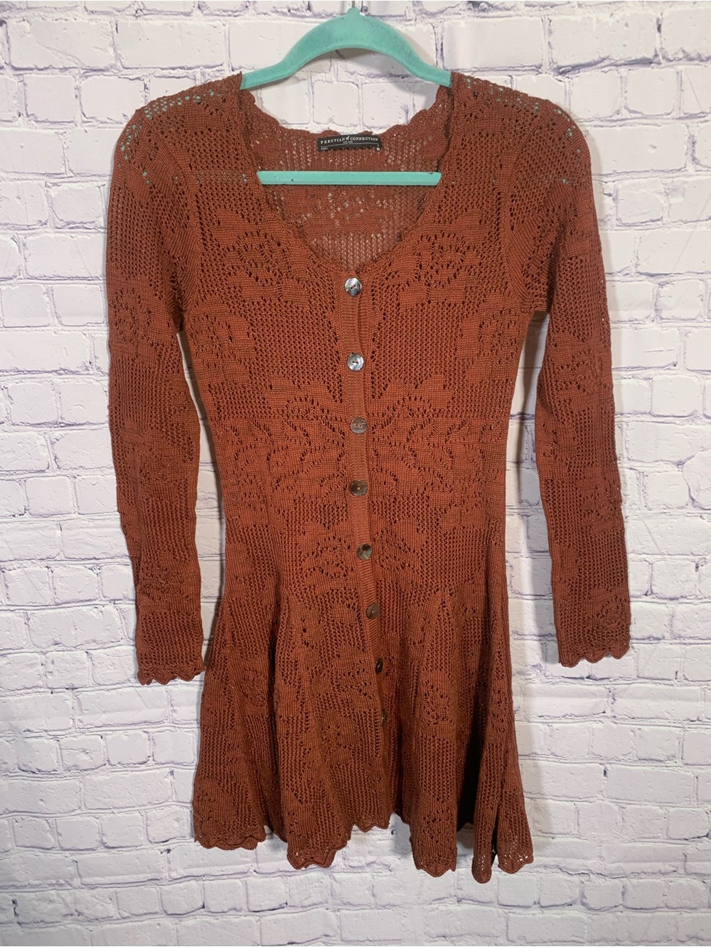 Peruvian Connection Womens Open Crochet Madder Brown Orange Ines Tunic Sz S Boho